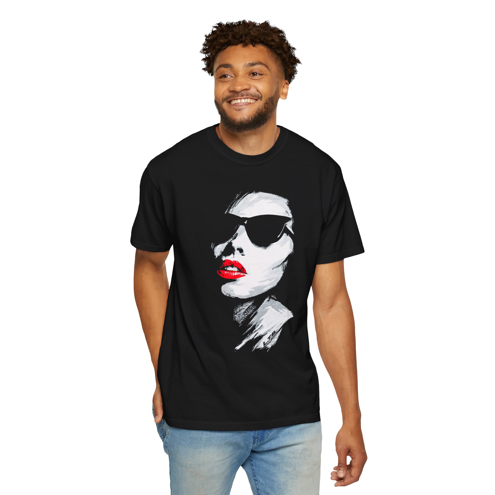 Graphic T-Shirt — Chic Woman Portrait with Red Lips - Image 3