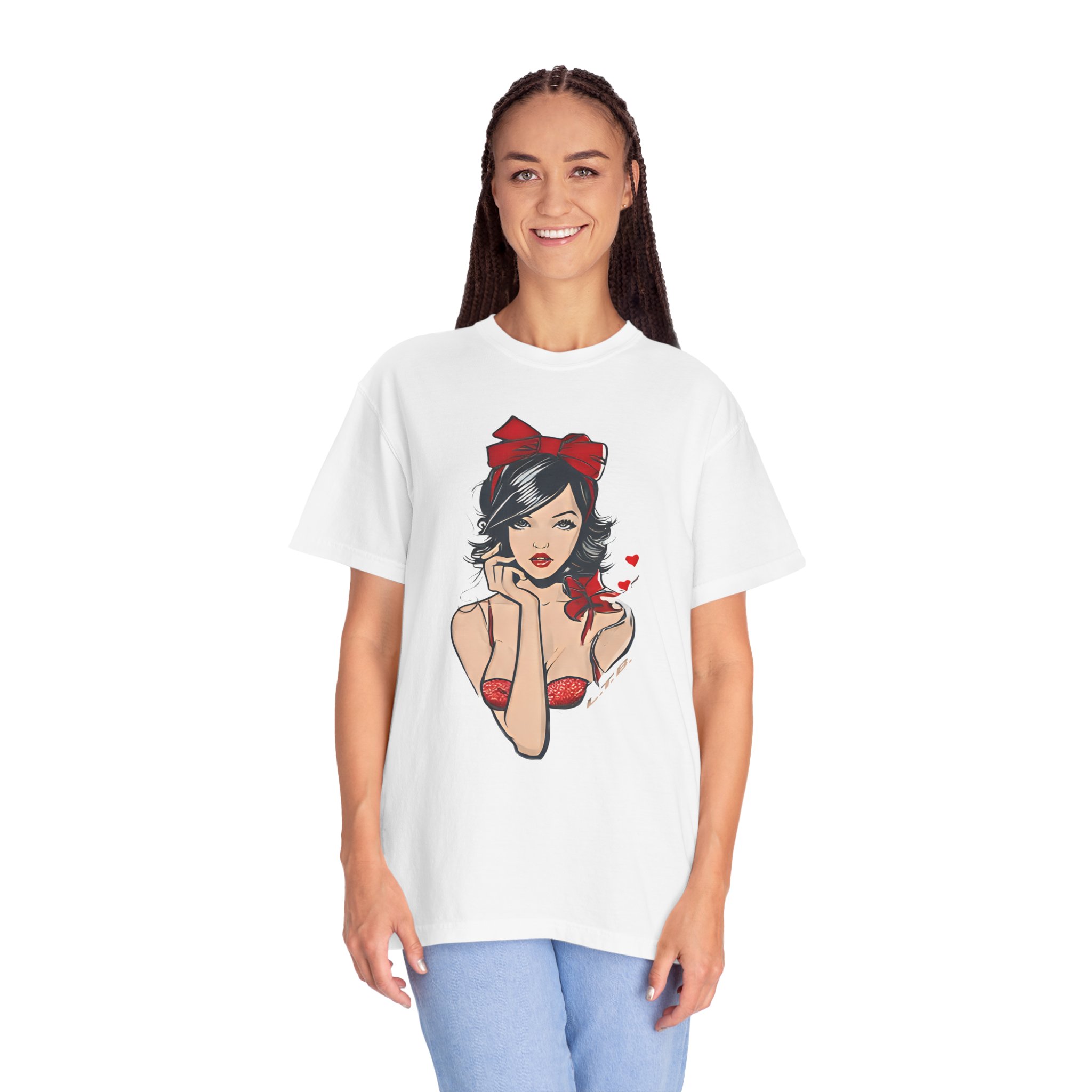 Valentine Pin-Up Girl Tee – Retro Romantic Vintage Art with Red Ribbon T-Shirt - Image 2