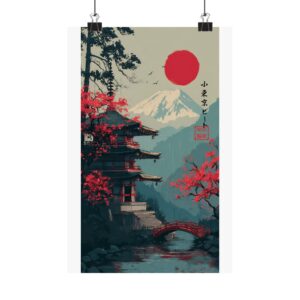 Japanese Landscape Poster — Mount Fuji, Pagoda & Red Sun Matte Vertical Print