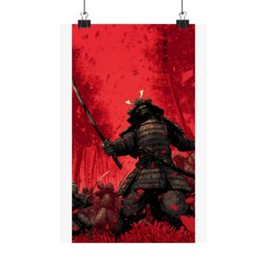 Samurai Warrior Red Matte Poster — Vertical Japanese Battle Art Print