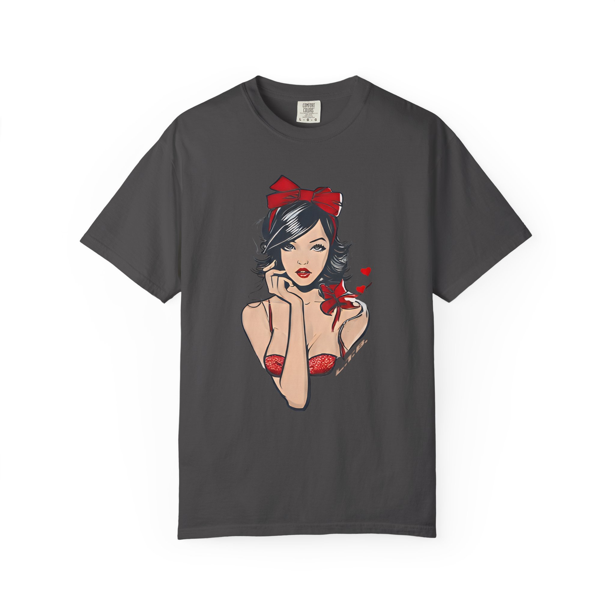 Valentine Pin-Up Girl Tee – Retro Romantic Vintage Art with Red Ribbon T-Shirt - Image 7