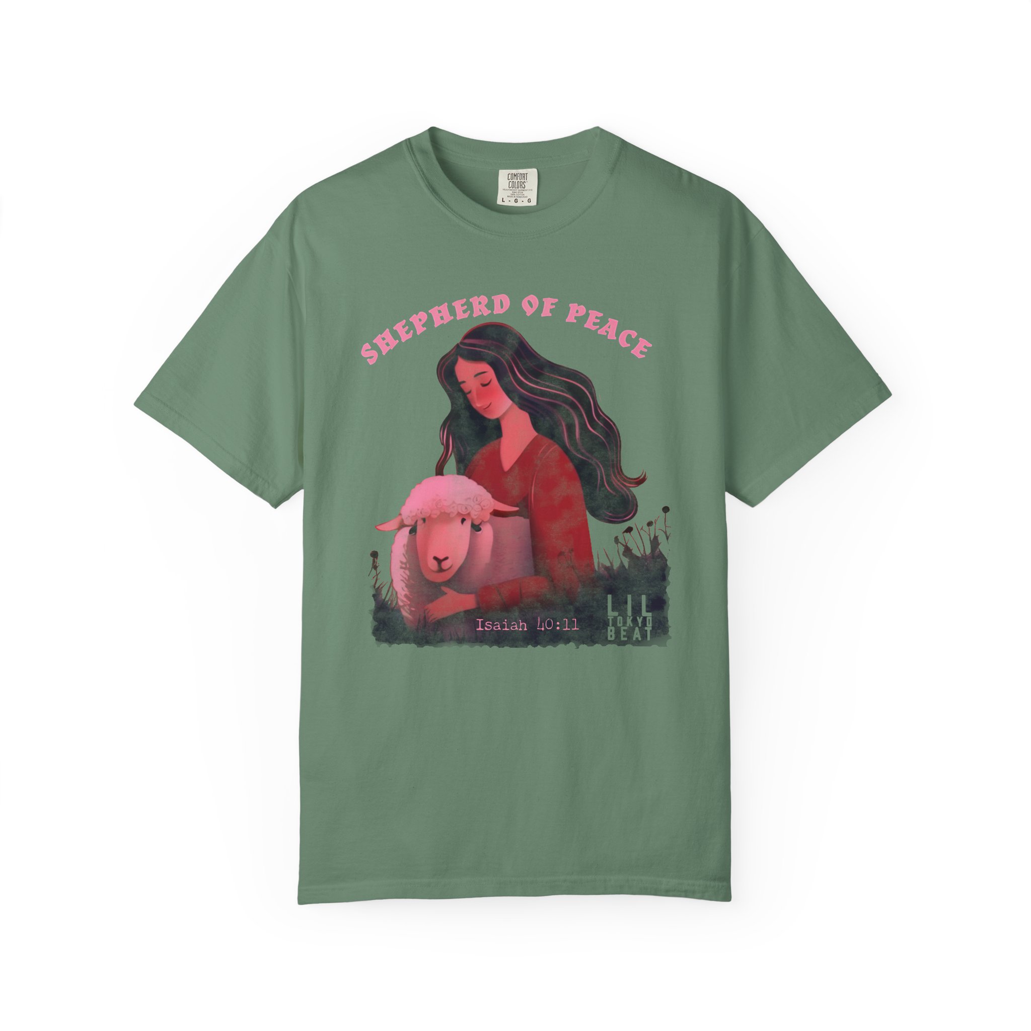 Shepherd of Peace Graphic T-Shirt (Woman with Lamb) | Isaiah 40:11 Tee | Christian Art Shirt by Lil Tokyo Beat, t0 - Image 5