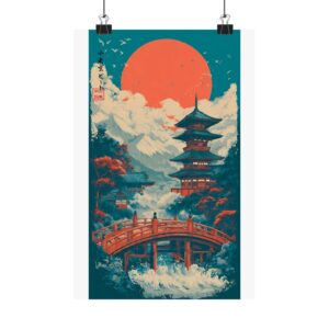 Japanese Pagoda Sunset Matte Poster — Ukiyo-e Style Vertical Wall Art