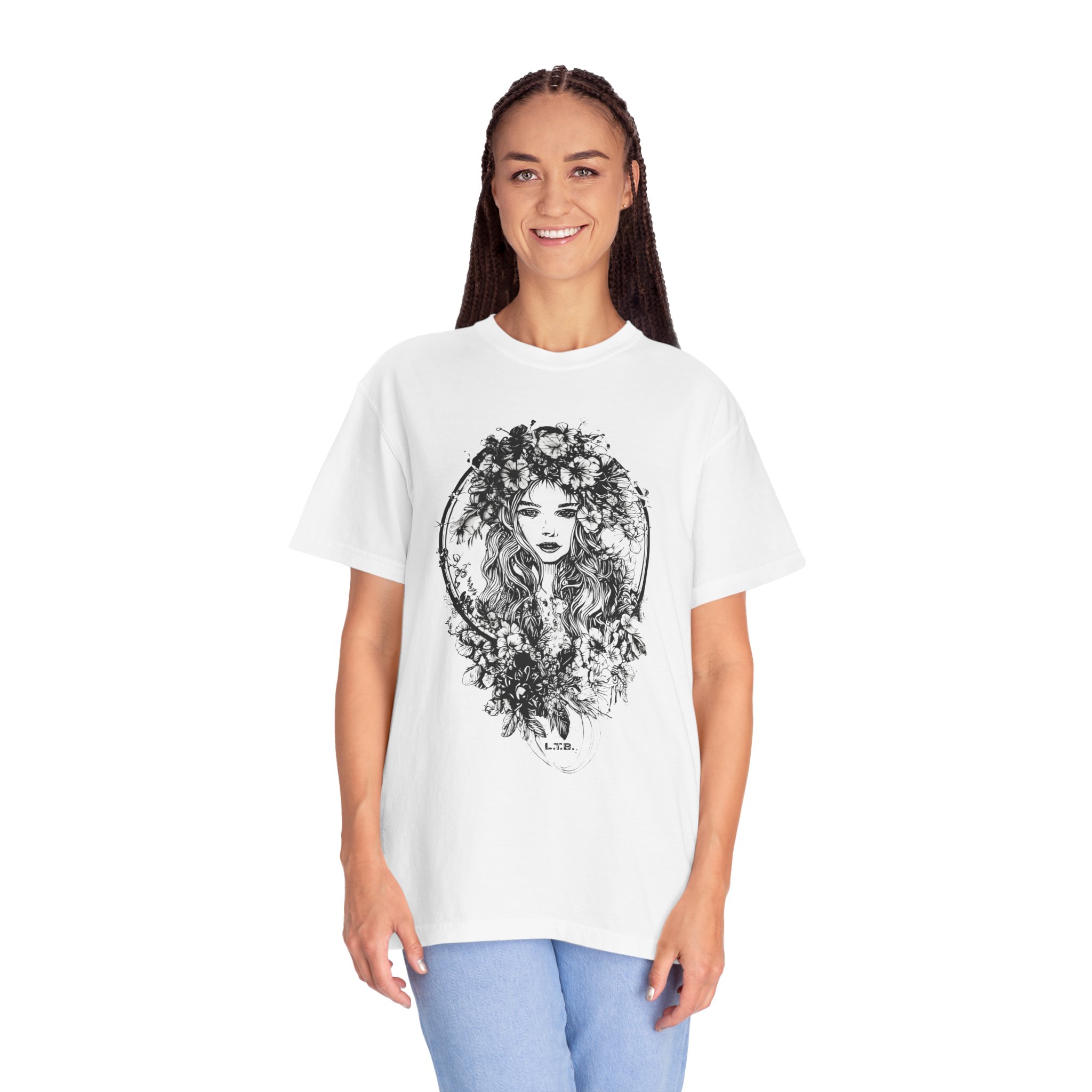 Floral Muse Portrait T-Shirt — Elegant Botanical Art Graphic Tee - Image 2