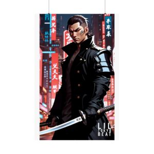 Cyberpunk Samurai Poster, Tokyo Neon Wall Art, Anime Urban Warrior Print, Matte Vertical Posters, Japanese Street Art Decor, Cool Asian Room