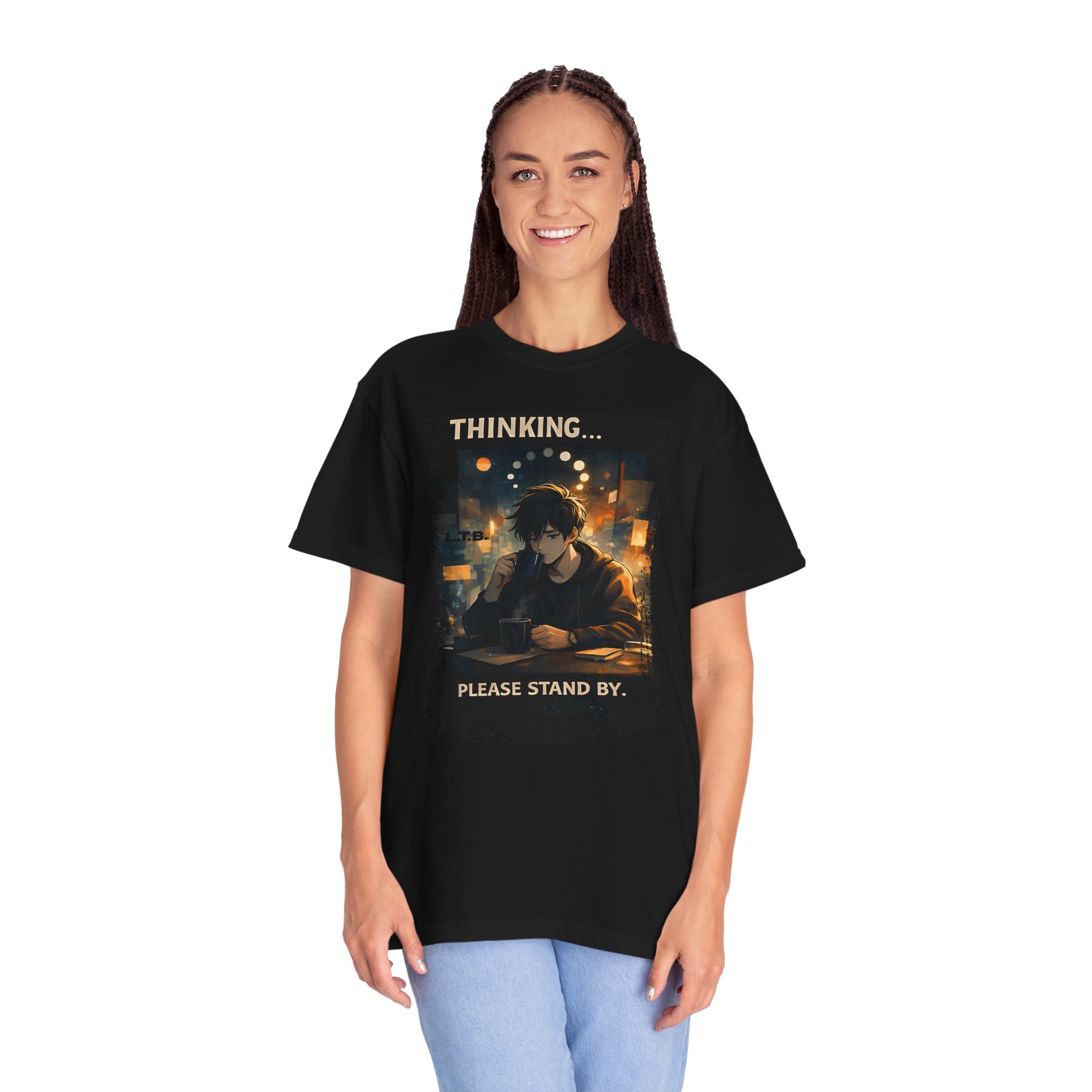Thinking Please Stand By Graphic Tee – Black Edition Moody Anime Shirt - Image 2