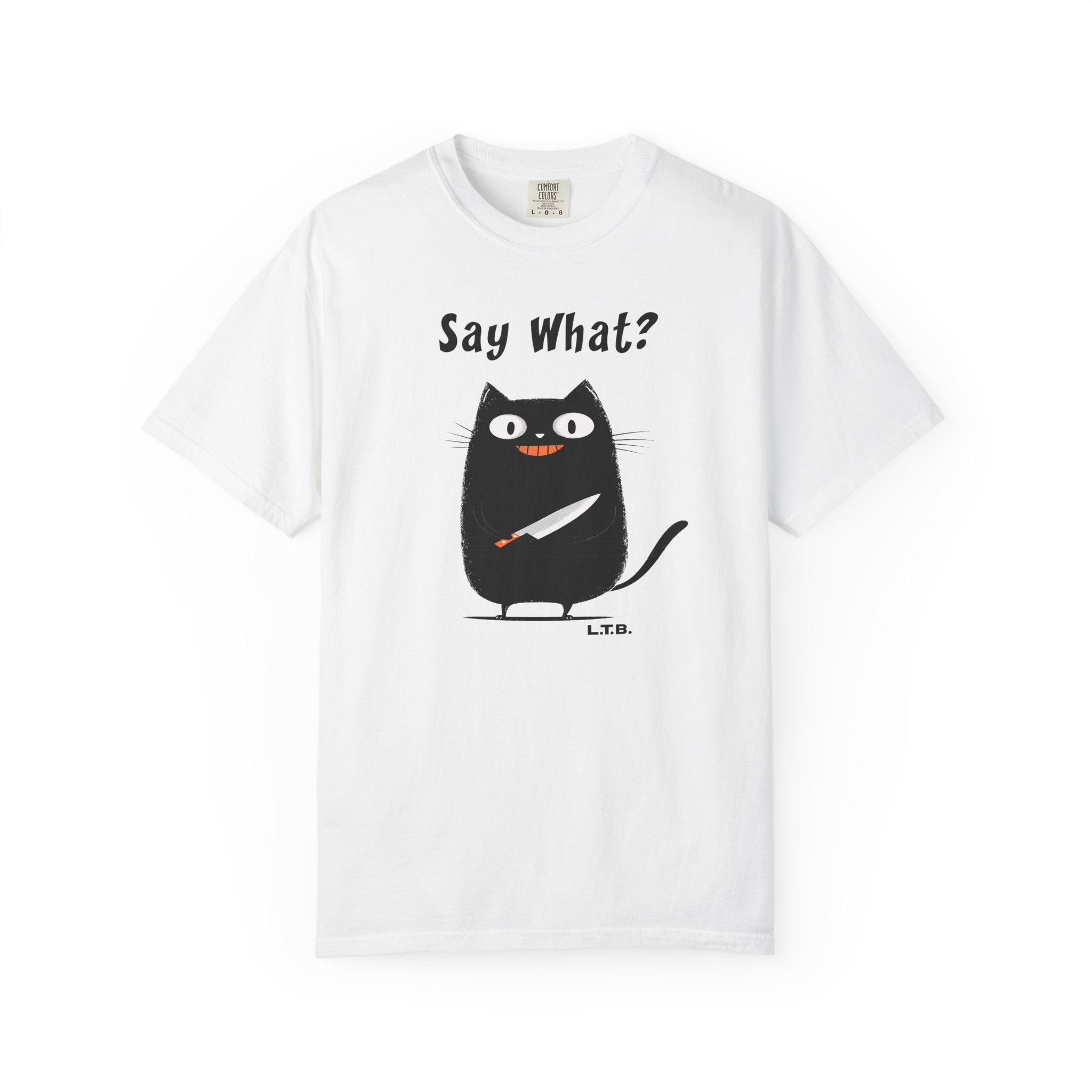 Black Cat with Knife T-Shirt — "Say What?" Funny Halloween Cat Tee