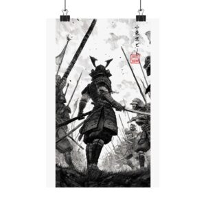 Samurai Battle Matte Poster — Black & White Vertical Wall Art
