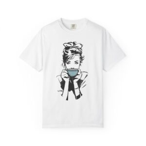 Old Hollywood Tea Cup Girl T-Shirt | Minimal Caffeine Illustration Tee