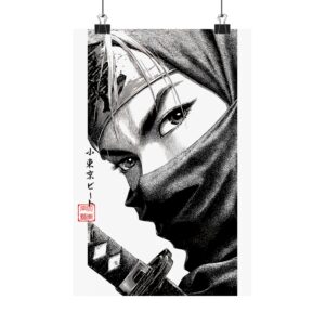 Masked Ninja Samurai Woman Matte Vertical Poster — Monochrome Warrior Art Print