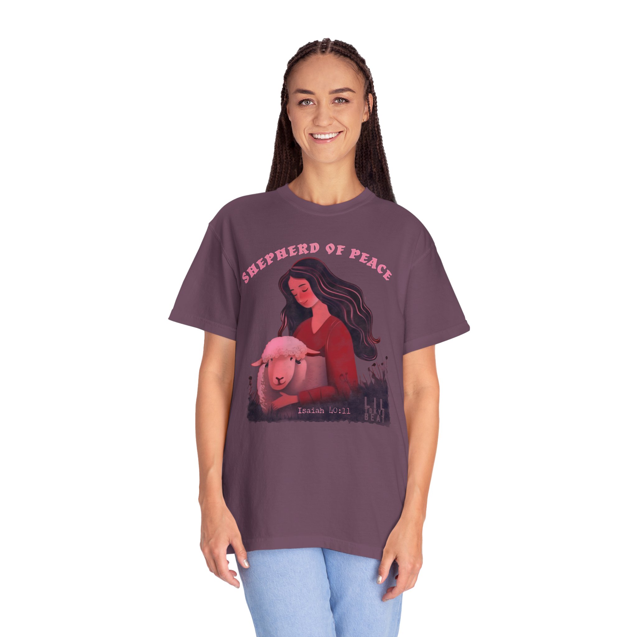 Shepherd of Peace Graphic T-Shirt (Woman with Lamb) | Isaiah 40:11 Tee | Christian Art Shirt by Lil Tokyo Beat, t0 - Image 2
