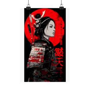 Samurai Warrior Matte Poster — Japanese Red Moon Female Samurai Wall Art