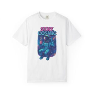 Stay Cosmic Astronaut T-Shirt — Floating Astronaut with Coffee & Headphones