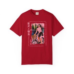 Japanese Movie Poster Style T-Shirt - Girl With Dog Bicycle Ride Kanji & English Design, Vintage Graphic Tee, Retro Film Print Shirt, t0