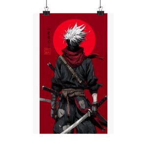 Samurai Red Moon Matte Poster — Anime Warrior Vertical Wall Art