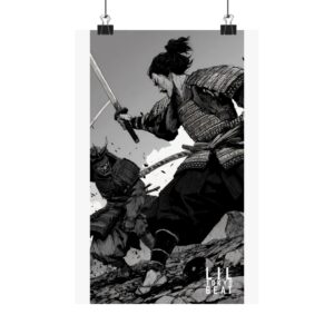 Samurai Warrior Matte Poster — Black & White Japanese Sword Art Vertical Print