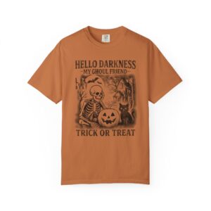 Hello Darkness My Ghoul Friend T-Shirt - Funny Halloween Tee, Skeleton & Cat Vibes, Unisex Tee, Halloween Costume Shirt, Spooky Graphic Tee, t0