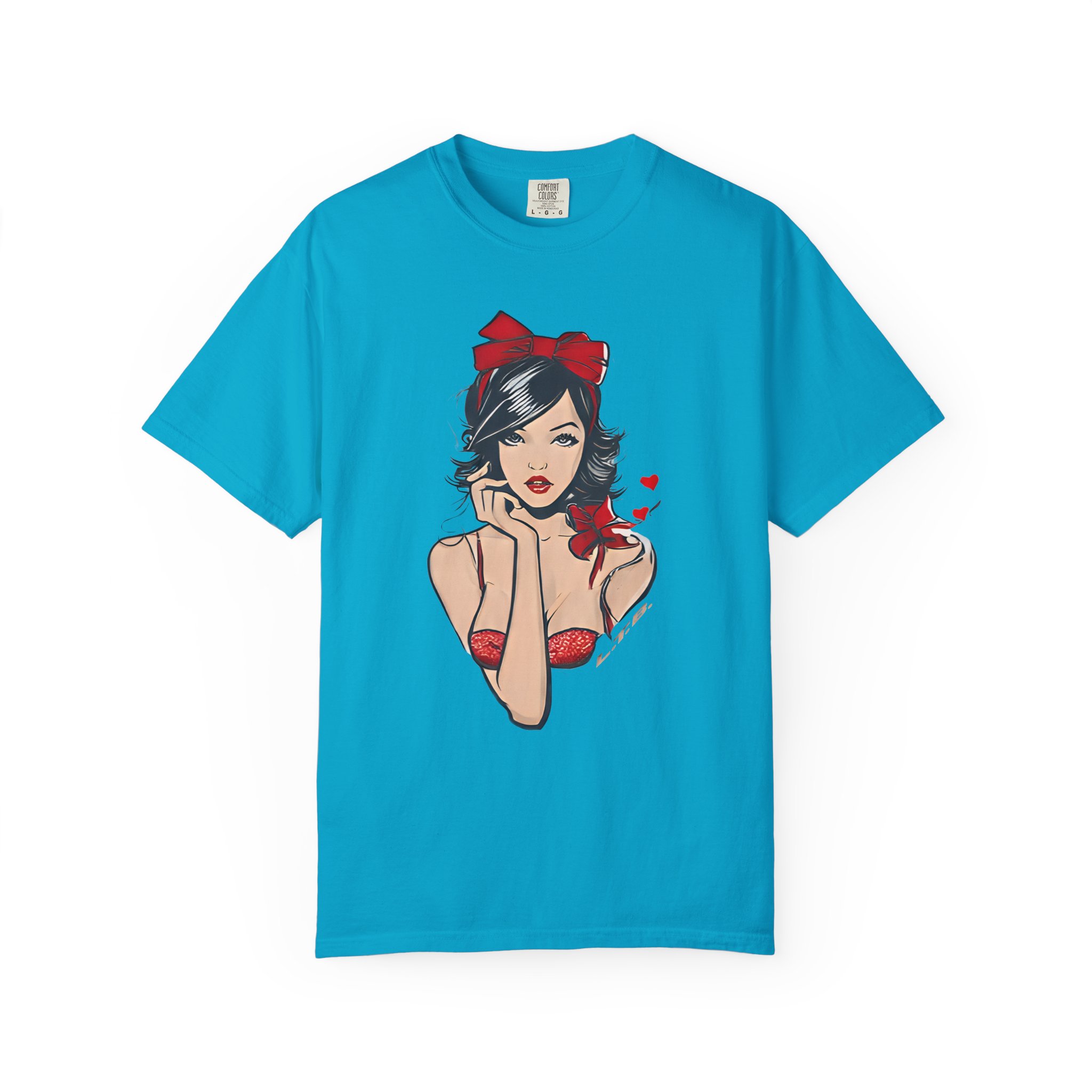Valentine Pin-Up Girl Tee – Retro Romantic Vintage Art with Red Ribbon T-Shirt - Image 6