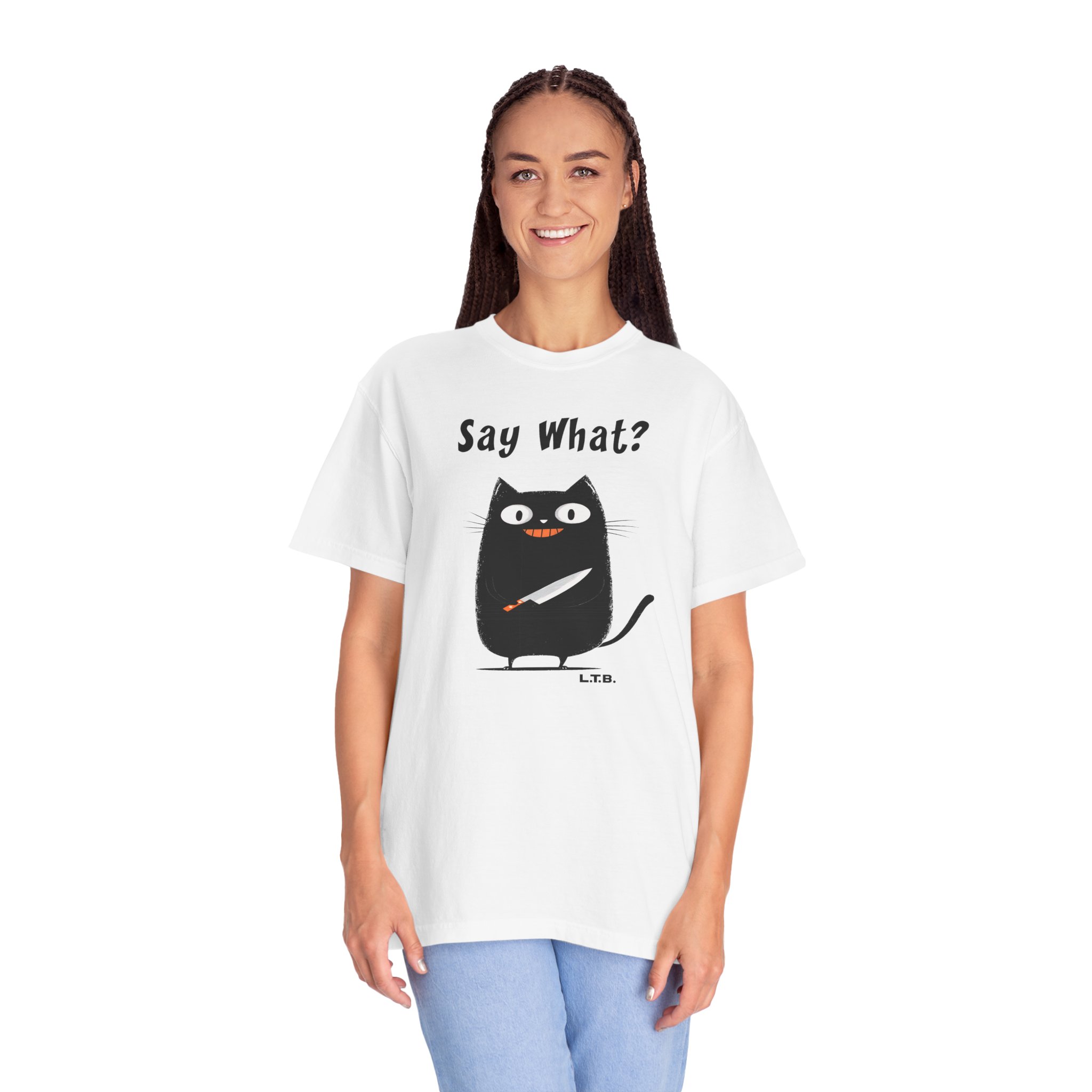 Black Cat with Knife T-Shirt — "Say What?" Funny Halloween Cat Tee - Image 2