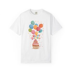 Colorful Happy Birthday Balloon Cupcake T-Shirt | Cute Party Graphic Tee