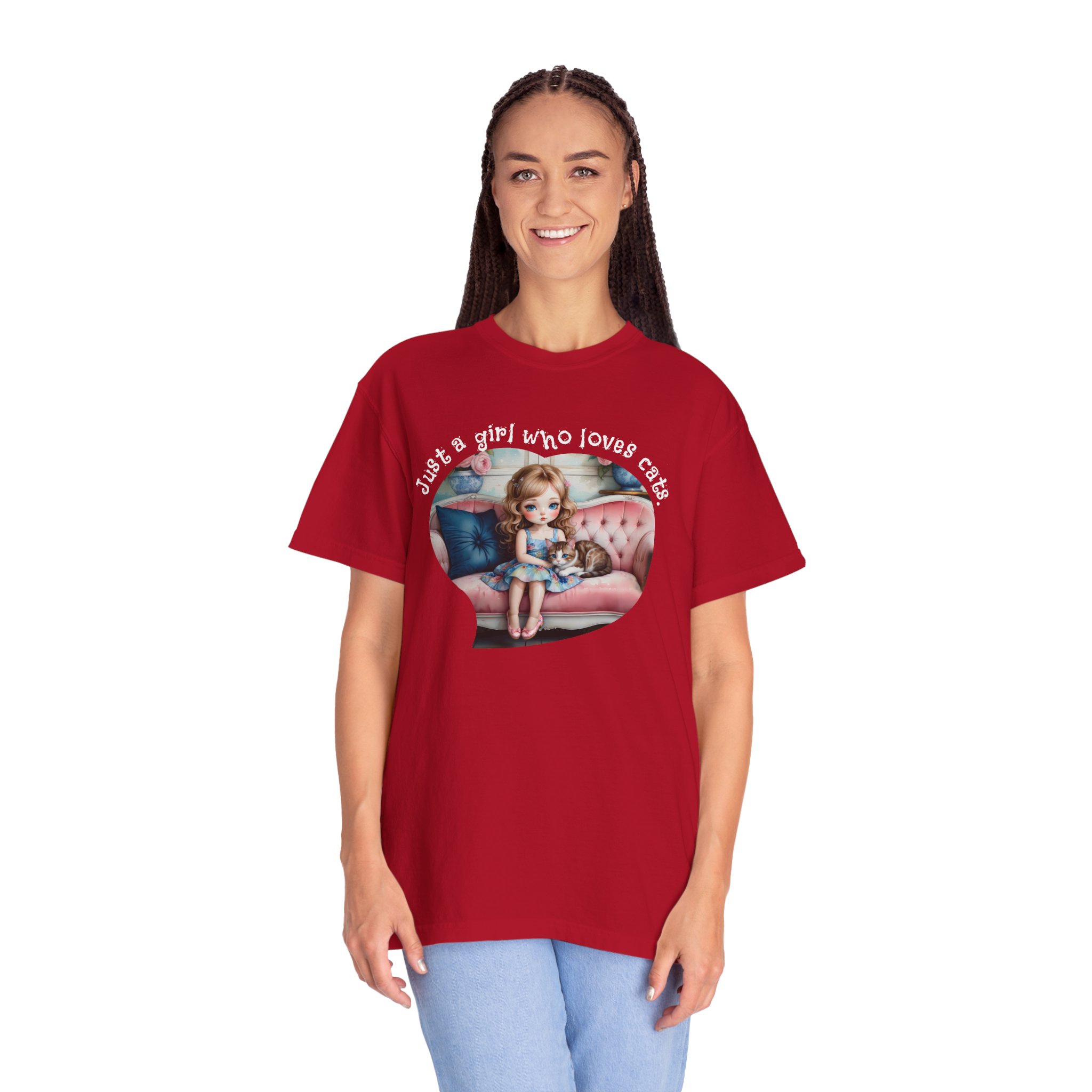 Just a Girl Who Loves Cats T-Shirt — Cute Retro Girl on Couch Cat Tee, t7 - Image 2