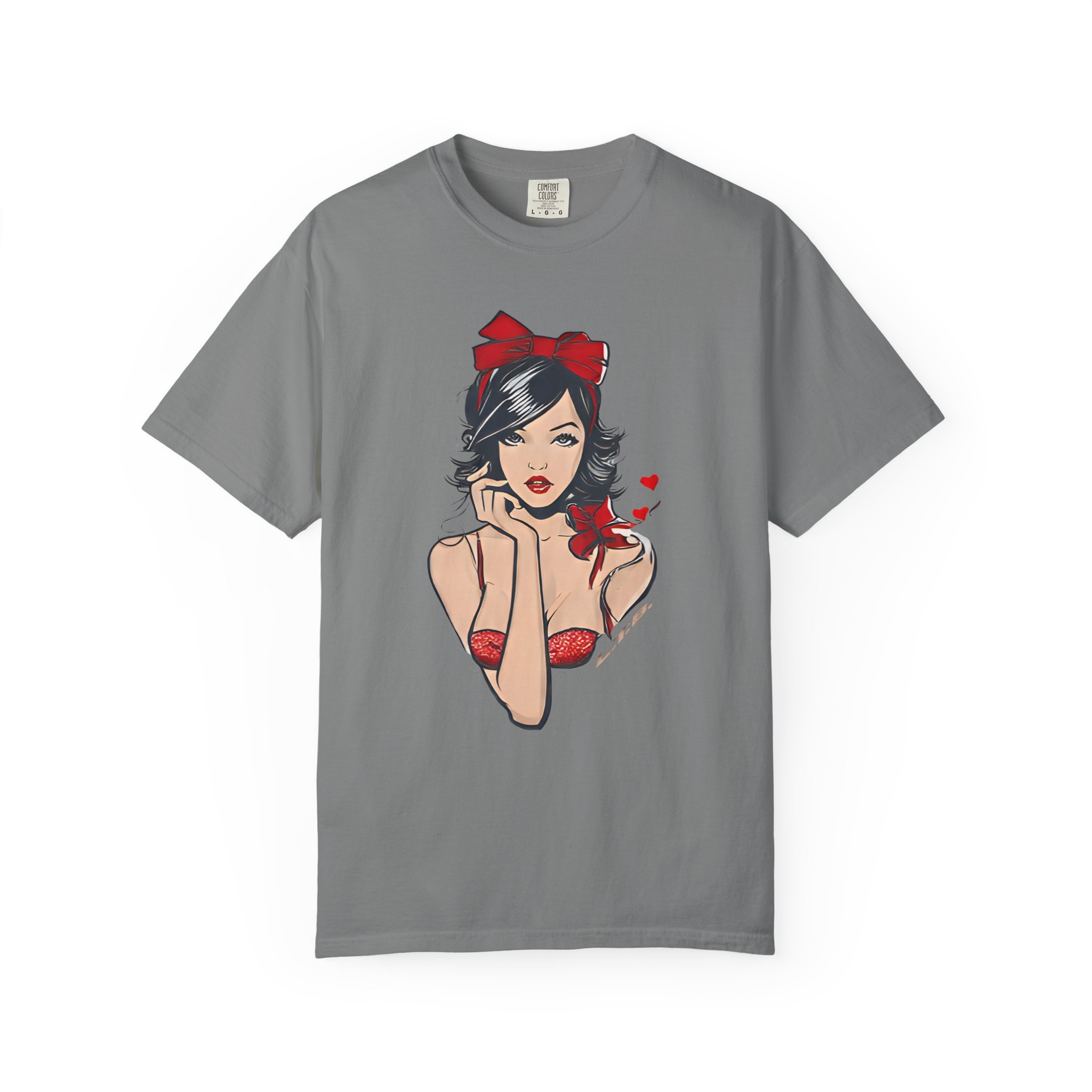Valentine Pin-Up Girl Tee – Retro Romantic Vintage Art with Red Ribbon T-Shirt - Image 3