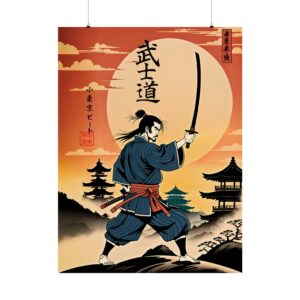 Samurai Sunset Matte Vertical Poster | Japanese Art Print, Wall Decor, Home Office Art, Gift for Anime Fans, Minimalistic Design