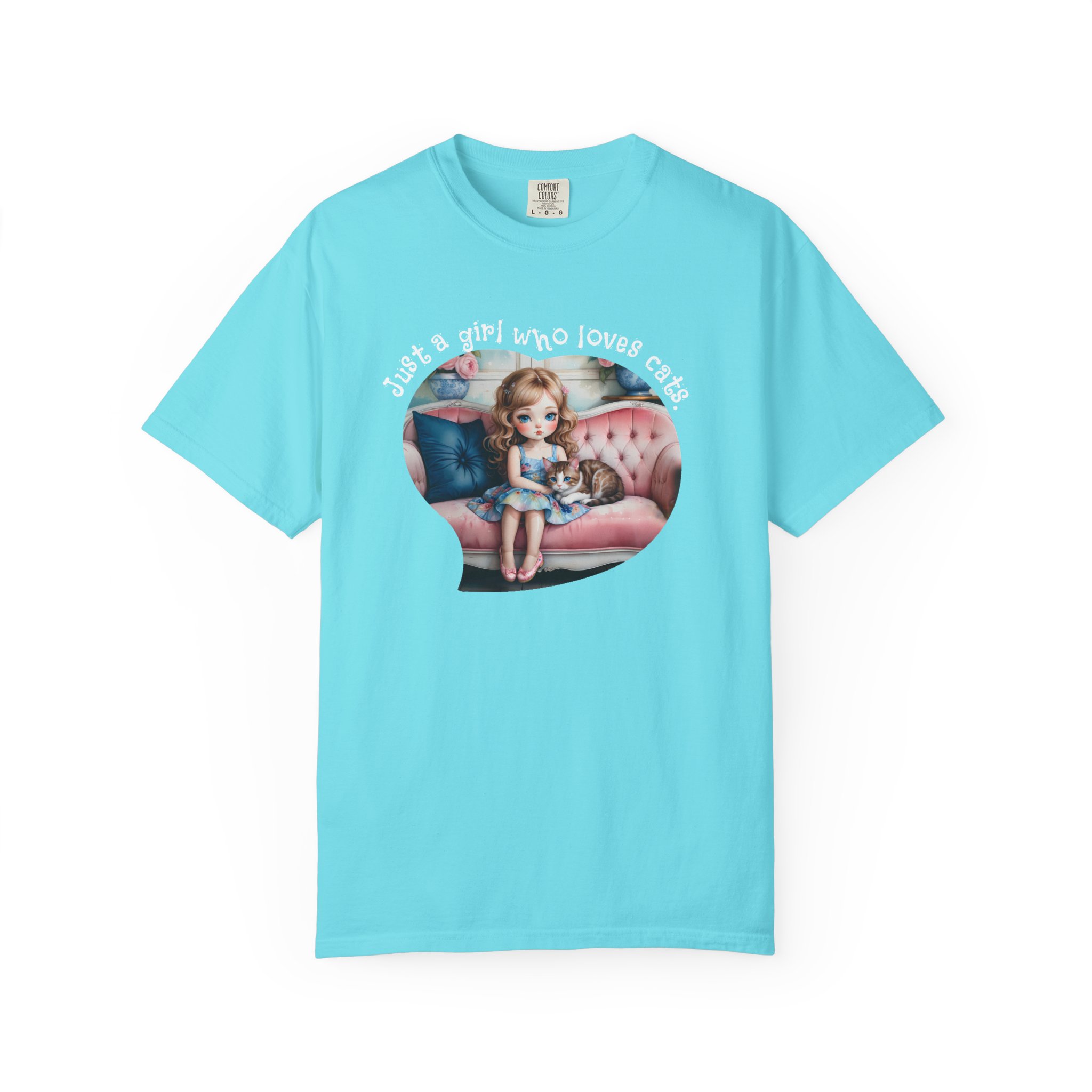 Just a Girl Who Loves Cats T-Shirt — Cute Retro Girl on Couch Cat Tee, t7 - Image 14