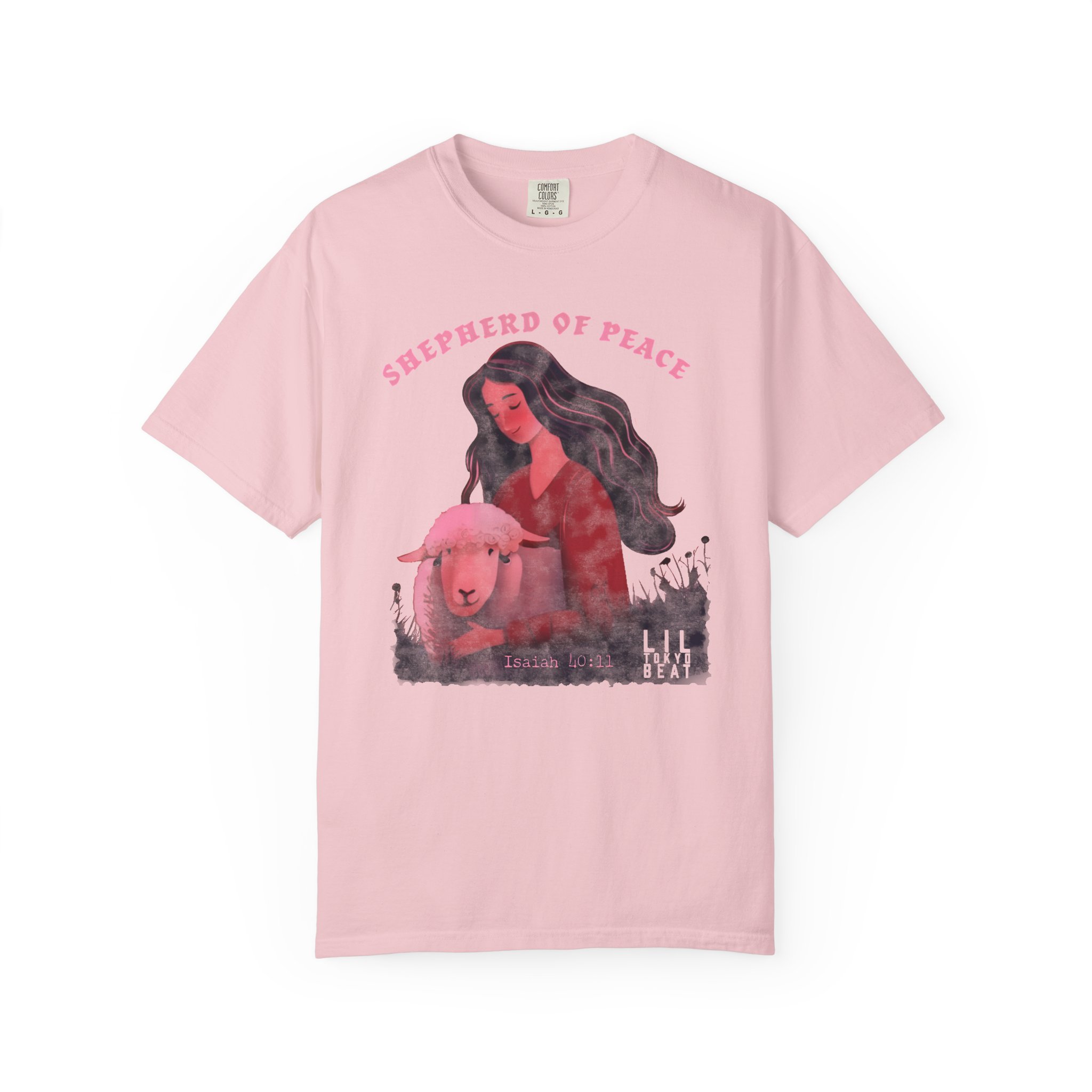 Shepherd of Peace Graphic T-Shirt (Woman with Lamb) | Isaiah 40:11 Tee | Christian Art Shirt by Lil Tokyo Beat, t0 - Image 11