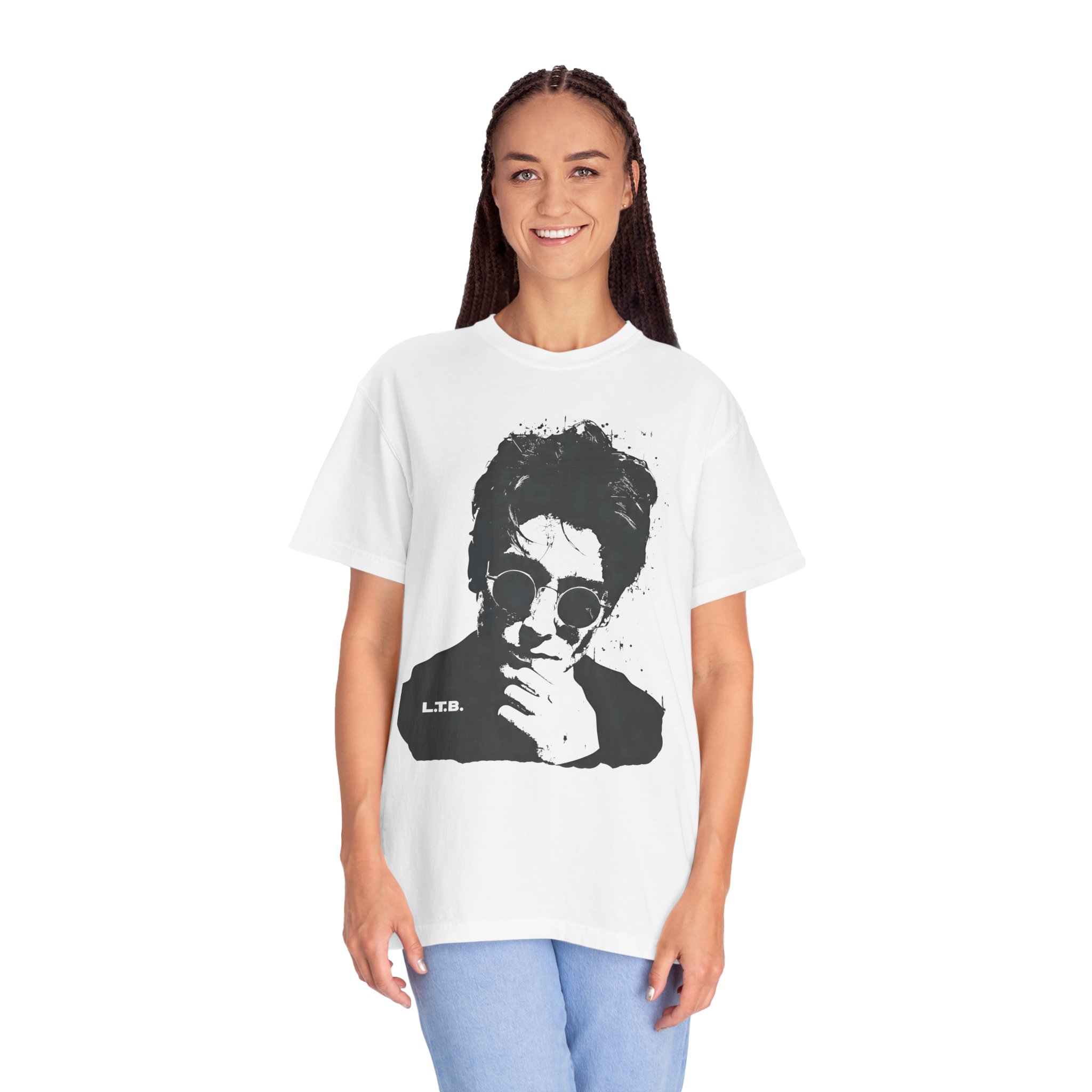 Monochrome Rock-Style Portrait T-Shirt | Minimal Thinker Graphic Art Tee - Image 2