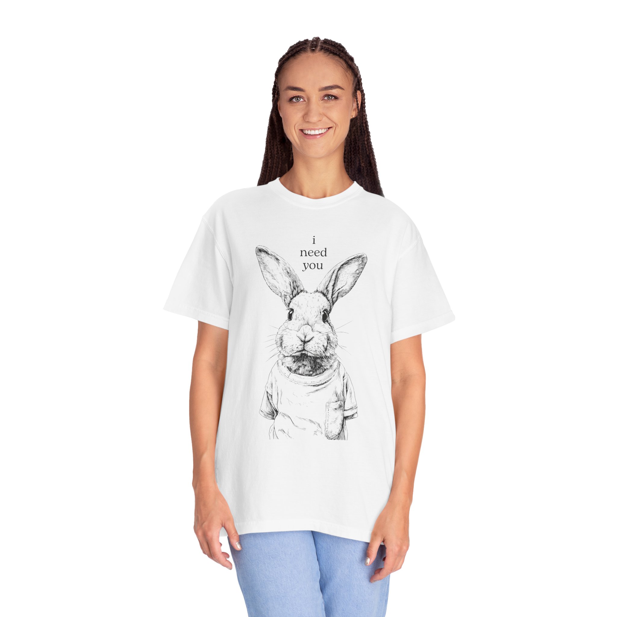 Rabbit Line Art T-Shirt — "I Need You" Quiet Emotional Design Tee, Valentine Gift Idea - Image 2