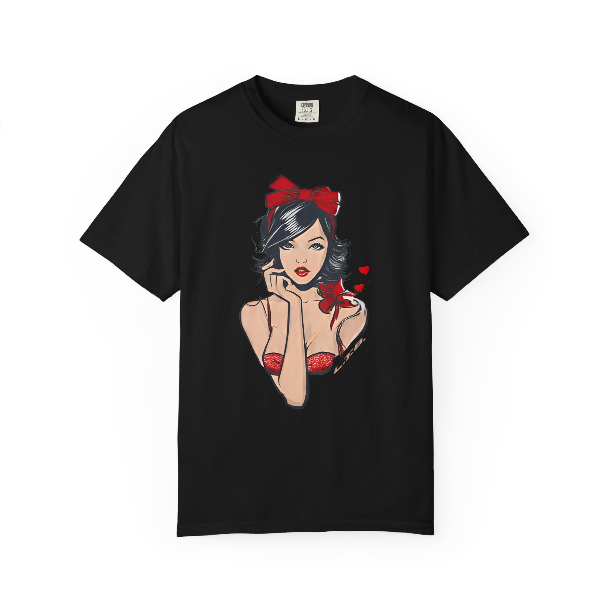 Valentine Pin-Up Girl Tee – Retro Romantic Vintage Art with Red Ribbon T-Shirt - Image 8