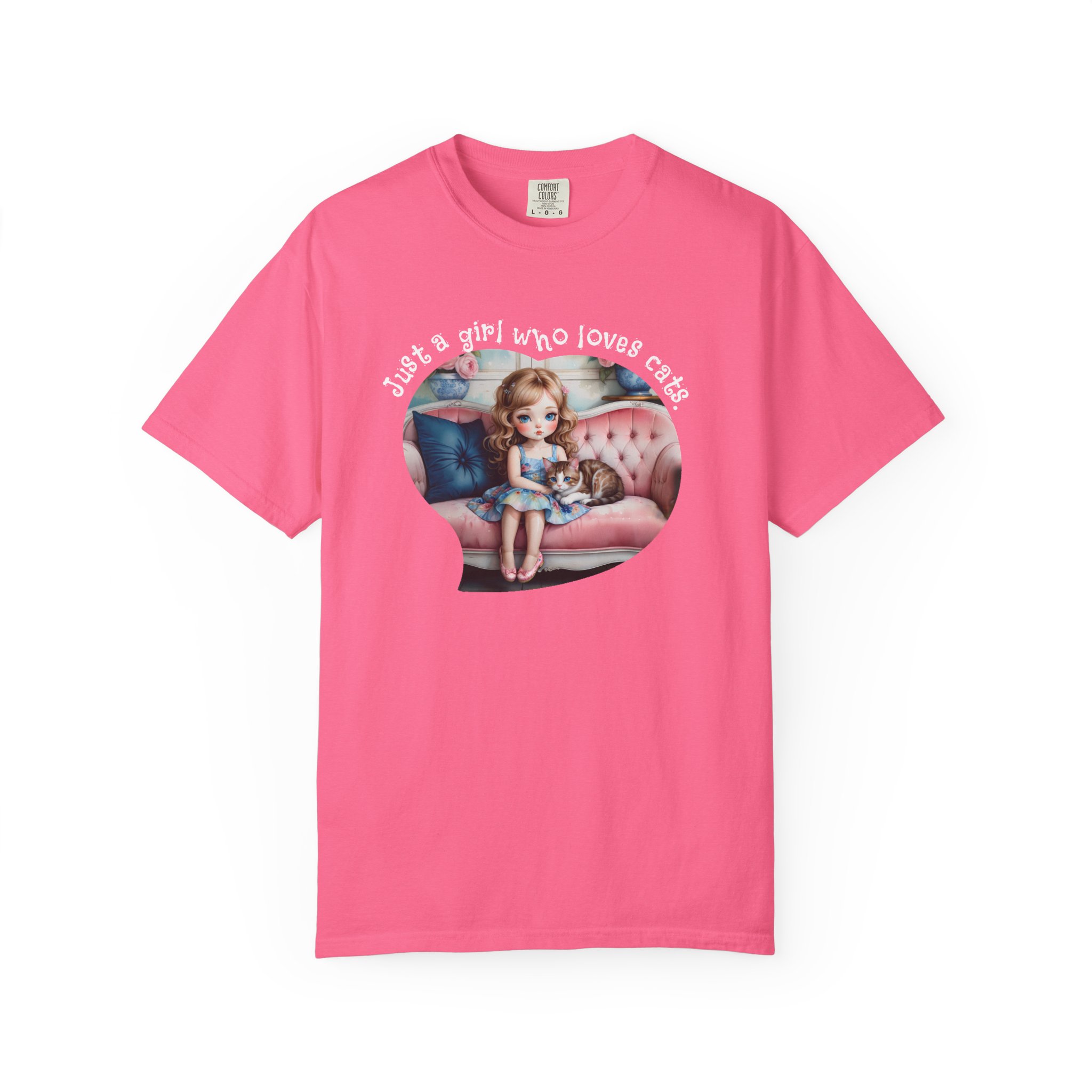Just a Girl Who Loves Cats T-Shirt — Cute Retro Girl on Couch Cat Tee, t7 - Image 8