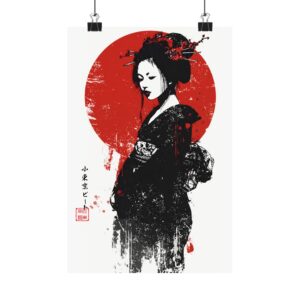 Geisha Silhouette Poster — Japanese Red Sun Matte Vertical Art Print
