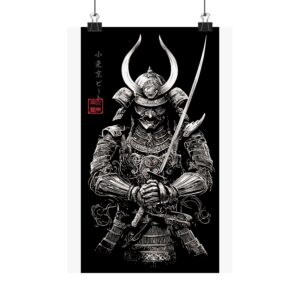 Samurai Warrior Matte Poster — Black & White Vertical Japanese Armor Print