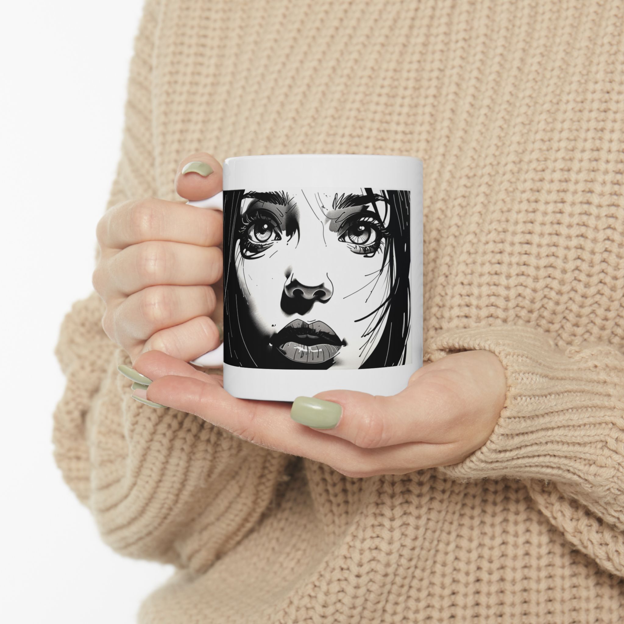 Young Female Face, Black and White, Artistic Ceramic Mug with Inspirational Quote, Unique Coffee Cup, Gift for Friends, - Image 6