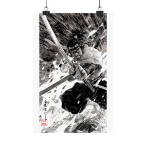 Samurai Warrior Matte Poster — Black & White Sumi-E Sword Art (Vertical)