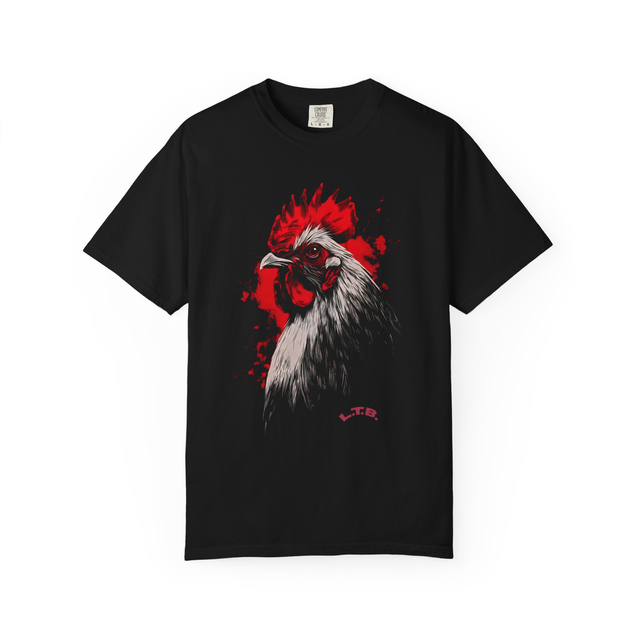Rooster Portrait T-Shirt — Bold Red & White Farm Chicken Graphic Tee