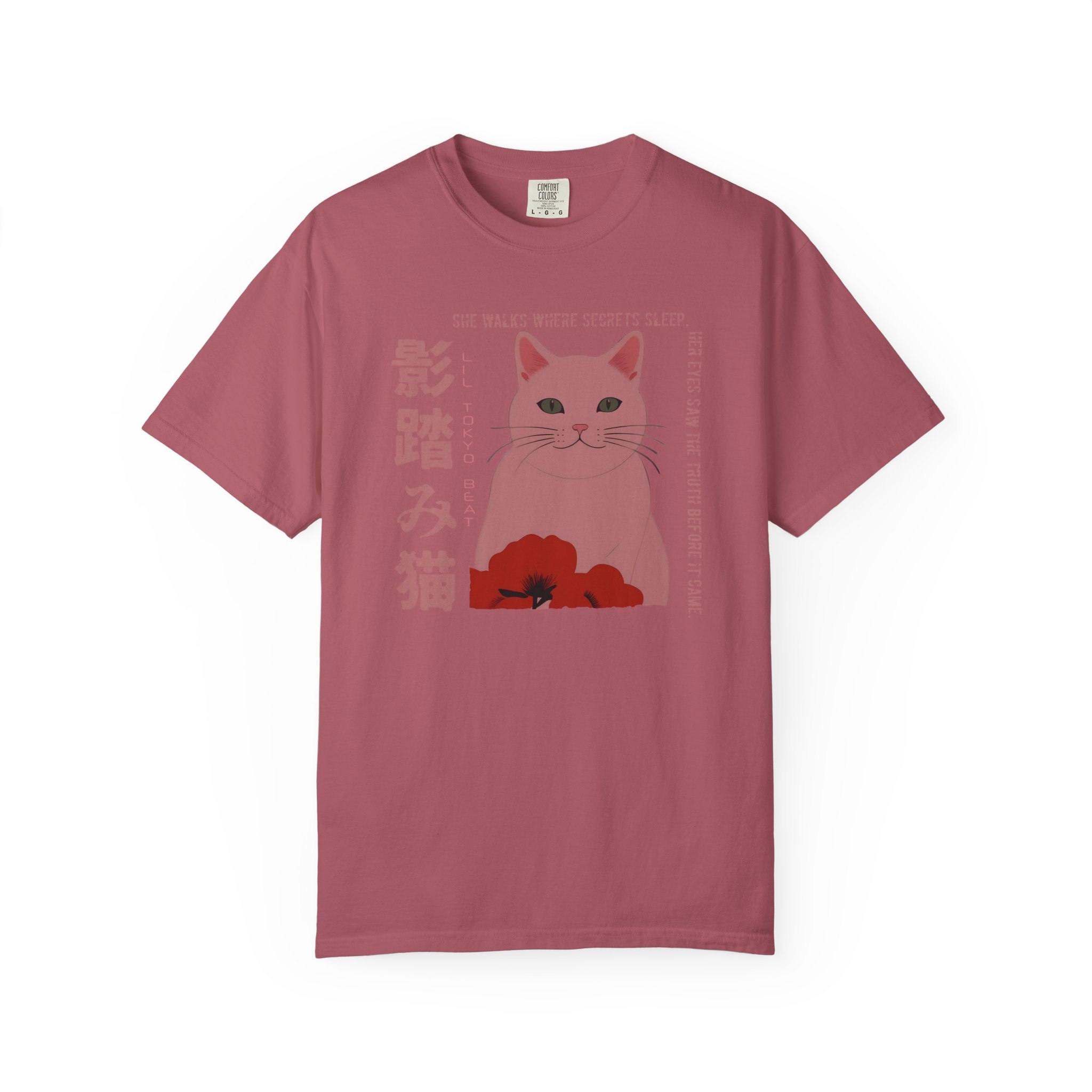 Shadow Cat & Poppies Graphic Tee | Aesthetic Japanese Streetwear, Unisex Shirt, Garment-Dyed Tshirt, Trendy Cat Lover Gift, Minimalist, t0 - Image 8