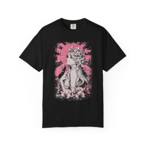 Floral Goddess Graphic T-Shirt — Pink Sunburst Anime-Style Portrait
