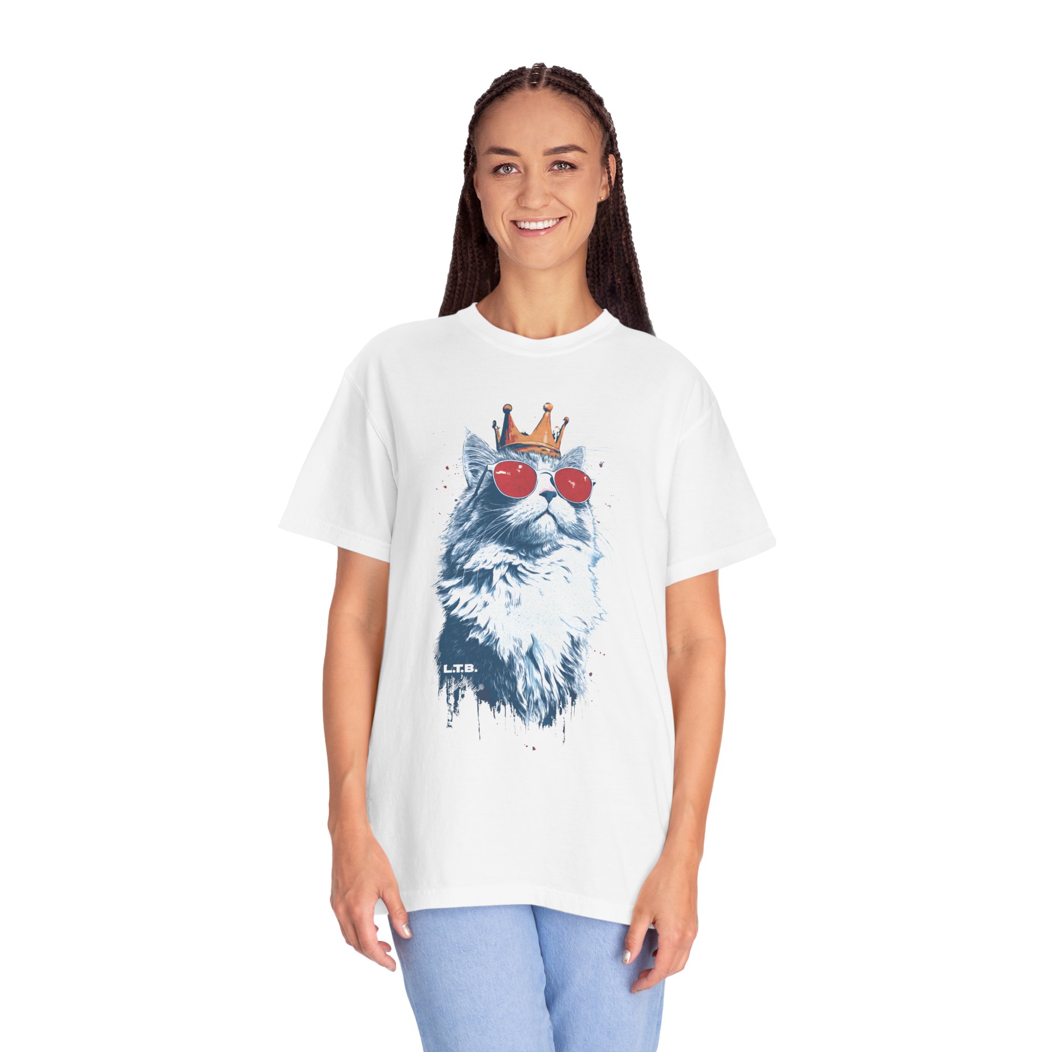 Cat King T-Shirt — Regal Cat with Crown & Sunglasses Graphic Streetwear Tee - Image 2