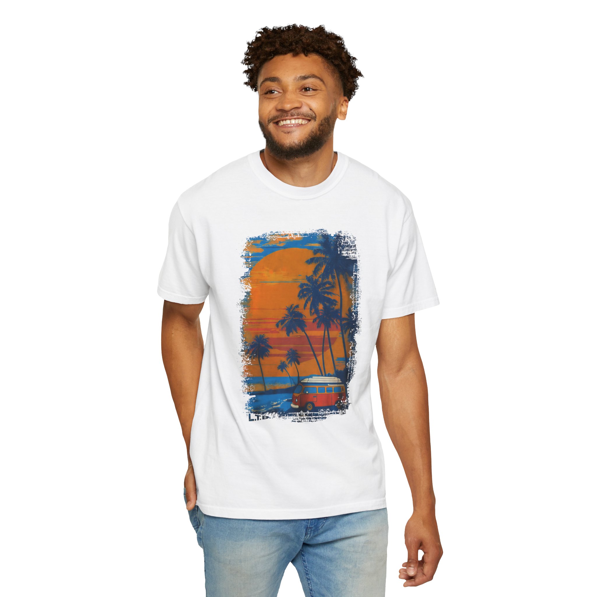 Sunset Beach Van Graphic Tee | Retro Coastal Palm Art T-Shirt - Image 2