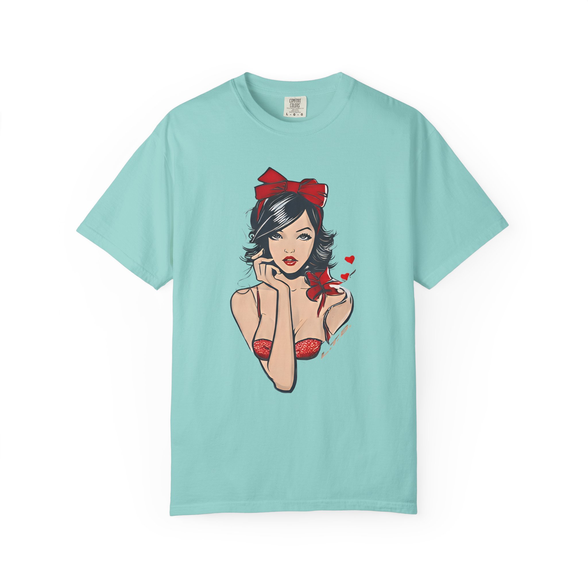 Valentine Pin-Up Girl Tee – Retro Romantic Vintage Art with Red Ribbon T-Shirt - Image 5