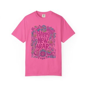 A New Year greeting T-shirt with decorative paisley-inspired folk art typography
