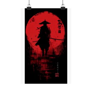Samurai Silhouette Matte Poster — Red Moon Vertical Wall Art