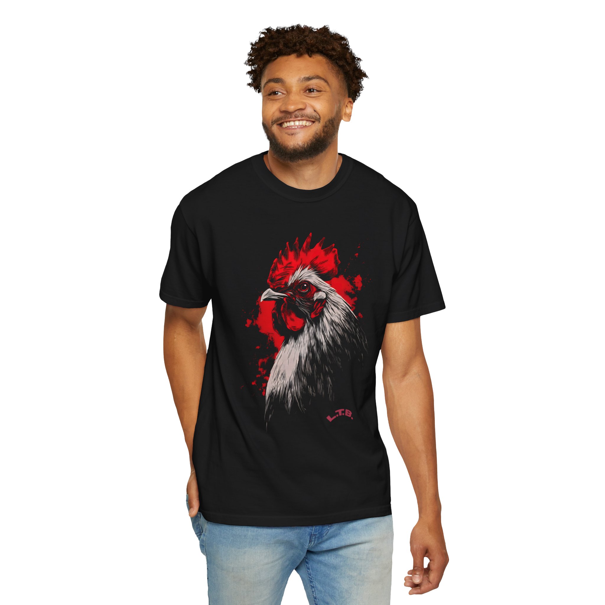 Rooster Portrait T-Shirt — Bold Red & White Farm Chicken Graphic Tee - Image 2