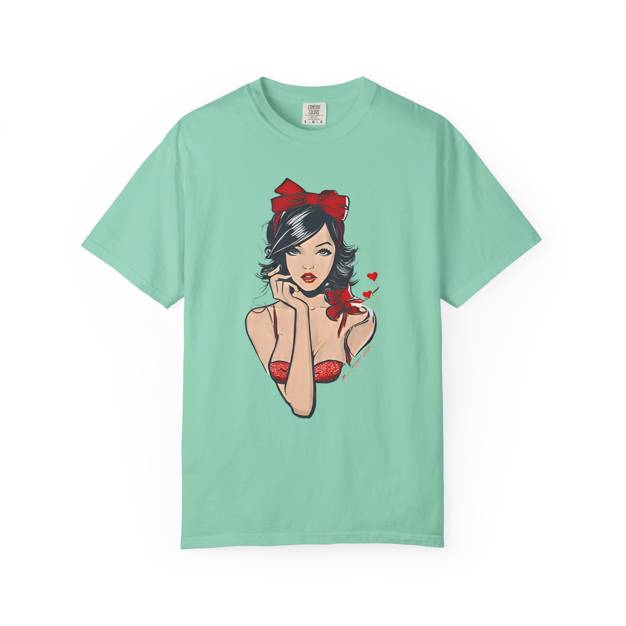 Valentine Pin-Up Girl Tee – Retro Romantic Vintage Art with Red Ribbon T-Shirt - Image 4