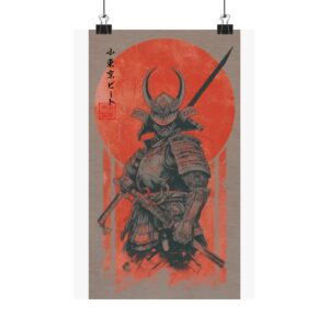 Crimson Samurai Warrior Poster — Japanese Red Sun Samurai Wall Art