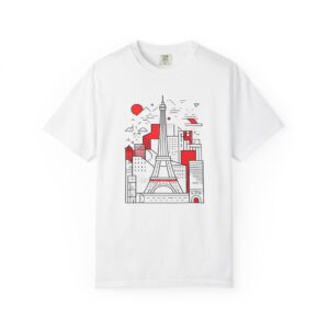 Eiffel Tower Cityscape T-Shirt — Minimal Red & White Paris Graphic Tee