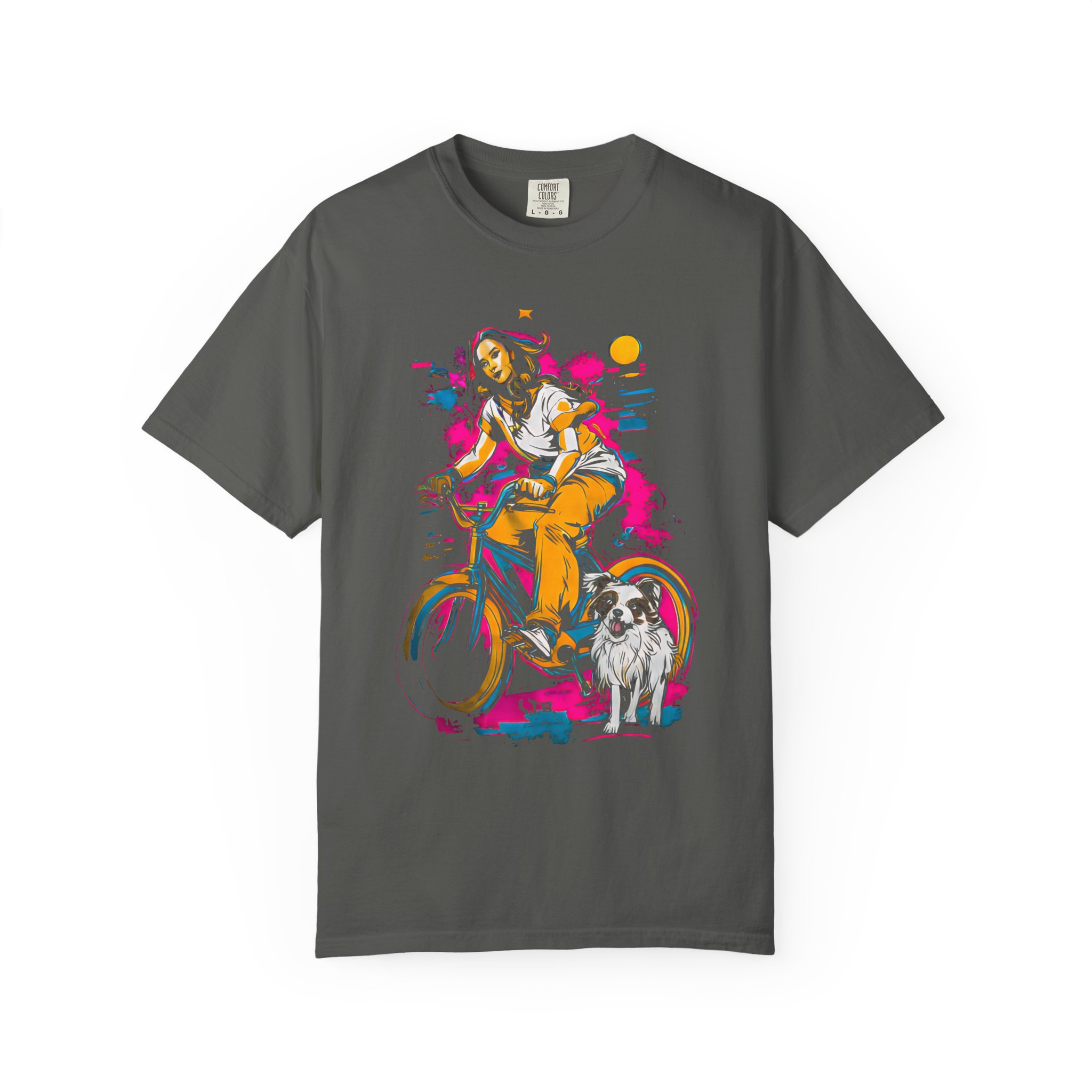 Carefree Girl Riding Bicycle T-Shirt | Vibrant Dog Companion Streetwear Tee - Image 3
